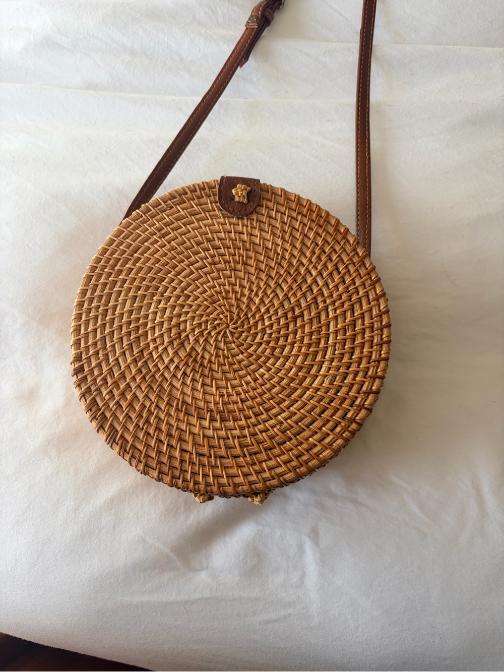 Round Woven Crossbody Bag in Brown - Straw Rattan Shoulder Bag